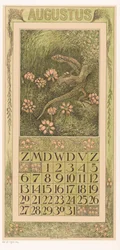 Augusti kalendersida med ödla och ljung Kalender 1911 12 litografier av Th. v. Hoytema (serietitel)