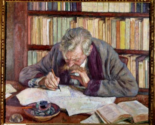 Porträtt av den belgiske poeten Emile Verhaeren (1885-1916) på hans kontor Målning av Theodore Van Rysselberghe (1862-1926) 1900-talets Paris. Kommunala museet för modern konst