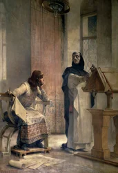 Louis IX (1214-1270), innan han blev kung av Frankrike, studerade matematik med Vincent de Beauvais (1190-1264), dominikanbror, vid klostret Royaumont. Målning av Theobald Chartran (1849-1907). Paris, La Sorbonne