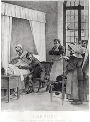 Rene Theophile Hyacinthe Laennec (1781-1826) lyssnar på bröstet på en man med konsumtion, 1816
