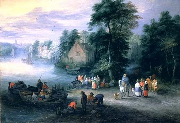 Skogbevuxen flodlandskap med figurer och boskap