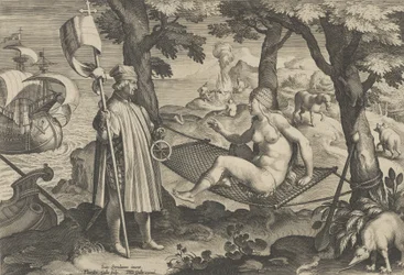 New Inventions of Modern Times [Nova Reperta], The Discovery of America, skylt 1, ca. ..., ca. 1600.