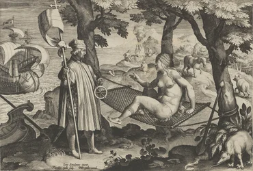 New Inventions of Modern Times [Nova Reperta], The Discovery of America, skylt 1, ca. ..., ca. 1600.