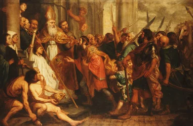 Saint Ambrose, biskop av Milano, vägrar kejsar Theodosius tillträde till Milanos katedral