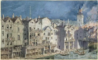 Brand vid Pont aux Meuniers 1621 (penna och bläck och wc på papper)