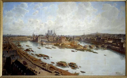 Panoramavy över Paris och Île de la Cité år 1588 från Louvrens tak, Pont Neuf under byggnad, målning av Théodore Joseph Hubert Hoffbauer (1839-1922), 1890