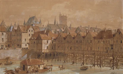Grand Chatelet och Pont aux Meuniers (penna, bläck och wc på papper)