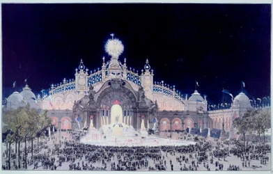 Universell utställning: "" Utsikt över Palace of Electricite and Water Castle i Paris 1900"" Tryck av Theodore Joseph Hubert Hoffbauer (1839-1922) känd som Fedor Hoffbauer. 1900 Paris, Musée Carnavalet