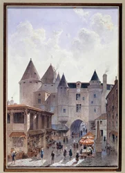 Utsikt över Grand Chatelet från Rue Saint Denis i Paris akvarell av Theodor Joseph
