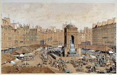 Utsikt över Marche och de oskyldigas fontän i Paris på 1800-talet. Akvarell av Theodore Joseph Hubert Hoffbauer (1839-1922) 1800-tal Paris, Musee Carnavalet