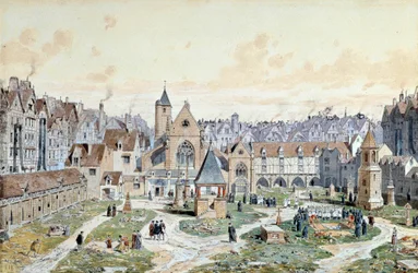 Vy över De oskyldigas kyrkogård i Paris år 1550. Akvarell av Theodore Joseph Hubert Hoffbauer (1839-1922), 1800-talet, Paris, Musée Carnavalet