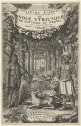 Två män och vilda djur framför en skog Titelsida för: Indiae Utriusque, 1658