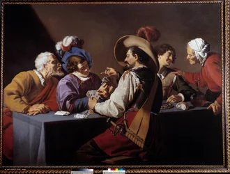 Kortspelare, brelan Målning av Theodore Rombouts (1597-1637) 1600-talets sön. 1,52x2,06 m Antwerpen. Koninklik Museum - Kortspelarna, "" brelan"". Målning av Theodore Rombouts (1597-1637)