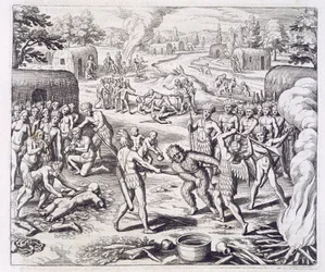 Slaget mellan Tuppin-stammarna, ur "Newe Welt und Americanische Historien" av Johann Ludwig Gottfried, utgiven av Mattaeus Merian, Frankfurt