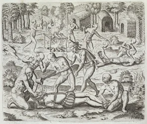Kannibaler i Darien, Panama, fångar spanjorer, ur "Newe Welt und Americanische Historien" av Johann Ludwig Gottfried, utgiven av Mattaeus Merian, Frankfurt