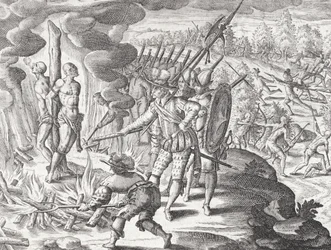Avrättning av två Payaguá-indianer anklagade för att ha dödat Juan de Ayolas (d.1537?), ur 