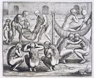 Tupinambahövdingen och hans familj insjuknar medan Hans Staden hålls fången, ur "Newe Welt und Americanische Historien" av Johann Ludwig Gottfried, utgiven av Mattaeus Merian, Frankfurt