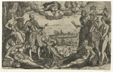 Jämförelse mellan Oranje och Alva, med Spanska Fury i bakgrunden, ca 1577