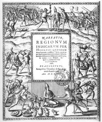 Bartholome de Las Casas (1474-1566) fördömer conquistadorernas grymma behandling av indianerna, från "Narratio Regionum Indicarrum per Hispanos" (gravyr) (svartvitt foto)