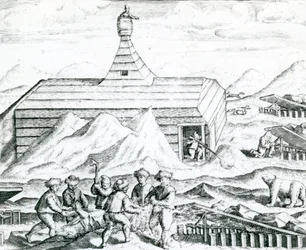 Björnjägare, Illustration från "India Orientalis" 1598 (gravyr)
