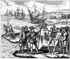 Christopher Columbus (1451-1506) genuesisk upptäcktsresande, upptäcker Amerika - 12 maj 1492. Från gravyr av Theodore de Bry 1590.