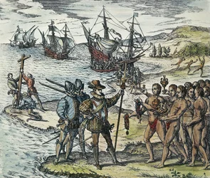 Columbus landar i Indien. 1594 (xylografi)