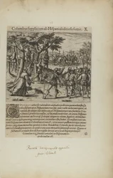 Columbus Supplicium ab Hispanis Seditiosis Sumit. X. (från boken Americae, del fyra)