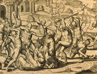 Martyrium för missionärsmunkar i Sydamerika, gravyr från Historia americae, av Theodor de Bry (1528-1598), Frankfurt