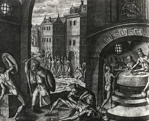 Präst dödar offer för falskt slagsmål och flår sedan kroppen, Mexiko, gravyr från Peregrinationes, av Theodor de Bry (1528-1598), Centralamerika