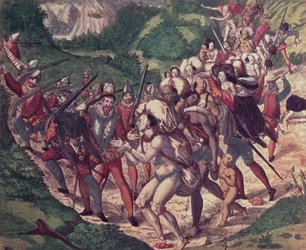 Petrus de Calyces grymhet: indianslavar i Peru misshandlade av spanska soldater (gravyr)