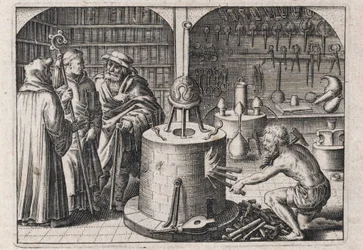 Tre forskare samtalar i alkemiverkstaden, med ugn och instrument - Gravyr av Theodore de Bry (1528-1598), för alkemiavhandlingen ""Tripus avreus, hoc est, Tres tractatus chymici selectissimi"" av Michael Maier (1569-1622)