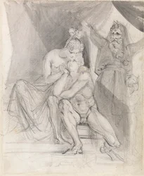 Prospero tittar på Ferdinand och Miranda