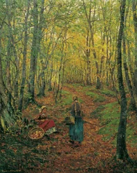 Interiör i skogen med en flicka som letar efter svamp