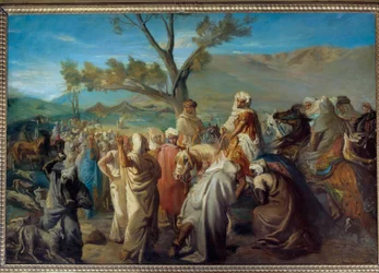 Orientalism: "" En caid på besök i en douar""" Marockansk kock i ett tältläger. Målning av Theodore Chasseriau (1819-1856) 1849 sön. 1,42x2 m