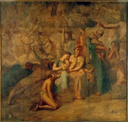 Fredsallegorisk framställning med mor och barn och flockar. Målning av Cour des comptes-trappan av Theodore Chasseriau (1819-1856) 1800-talets sön. 3,4x3,6 m