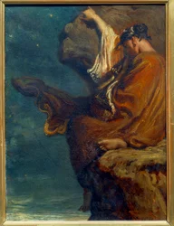 Sapho Den grekiska poetinnan Sapho (Sappho) (cirka 600 f.Kr.) sitter på en klippa och tittar på havet med melankoli. Målning av Theodore Chasseriau (1819-1856) 1849 sön. 0,27x0,21 m Paris, musee d