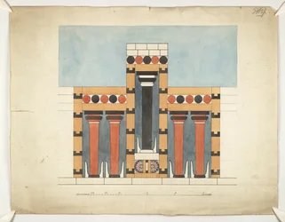 Målning som återföreställer den centrala trepartshelgedomen i centraldomstolen i Palace of Minos i Knossos (Evans Architectural Plans WW/15)