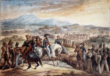 Chiles självständighetskrig: vy över slaget vid Maipú (Maipú nära Santiago de Chile, 5/04/1818). Akvarell av Théodore Géricault (1791-1824), 1800-talet, Paris, Konstskolan