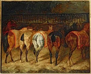 Cinq chevaux vus par la croupe, dans une ecurie - Fem hästar sedda bakifrån i ett stall (olja på duk)