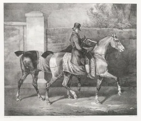 Två hästar som rids av en jockey (A Groom Exercising Two Horses)