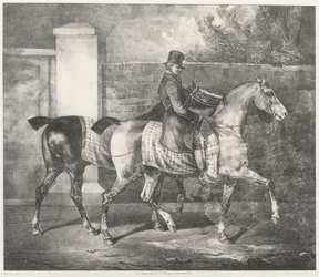 Två hästar som rids av en jockey (A Groom Exercising Two Horses)