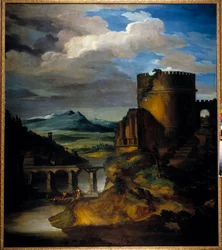 Italiens fantastiska landskap Landskap av ruiner, torn och bro, av Theodore Gericault (1791-1824) 1800-talet