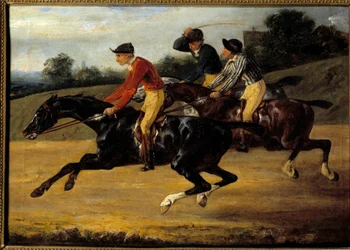 Hästkapplöpning: "" Hästar monterade till vänster galopp"" Målning av Theodore Gericault (1791-1824)
