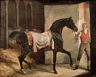 Häst lämnar stallet (olja på duk, tidigt 1800-tal)