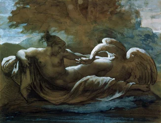 Leda och svanen (svart krita och akvarell)