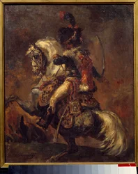 Officer of Hunter on Horse of the Imperial Guard Charge-målning av Theodore Gericault (1791-1824) 1800-talets sön. 0,27x0,22 m bayonne, Musee Bonnat