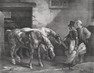 Två stolphästar vid dörren till ett stall, 1822.
