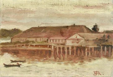 Handelsplats och hamnbyggnader, Sitka, kväll, ca. 1880-1914.