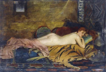 Liggande naken - Theodore Jacques Ralli (Theodoros Rallis) (1852-1909). Olja på trä Mått: 24x35 cm Privat samling