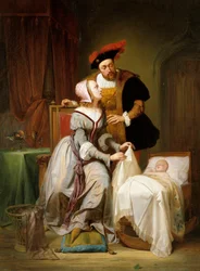 Kejsar Karl och hans älskarinna Johanna Van der Gheynst vid dottern Margaretas vagga